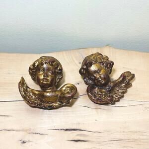 2 Vtg Florentia Italy Wood Gold Gilt Hanging Cherubs Italian Gilded Antiqued